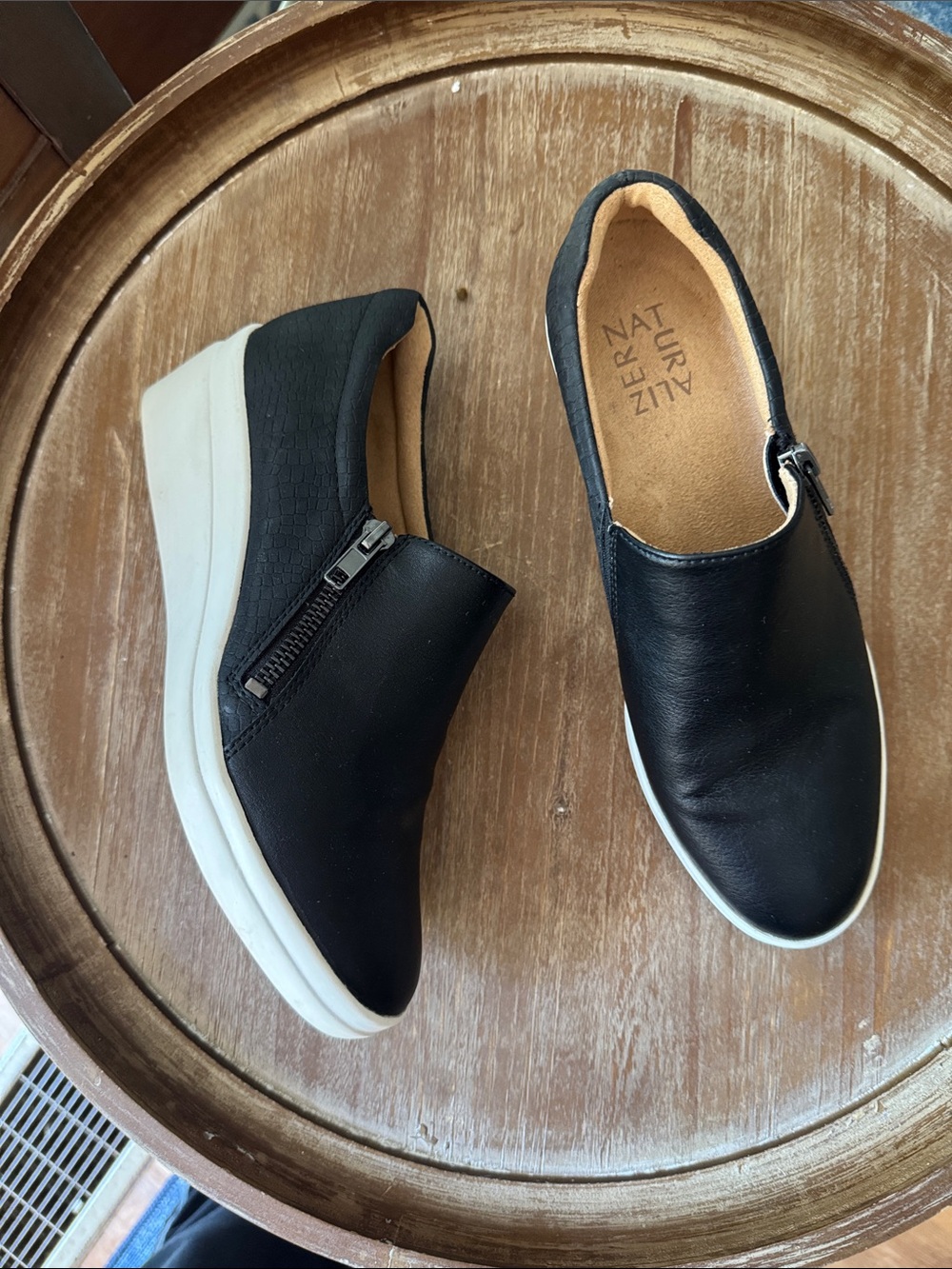 Naturalizer Black Leather Slip-On Wedge Sneakers with White Sole